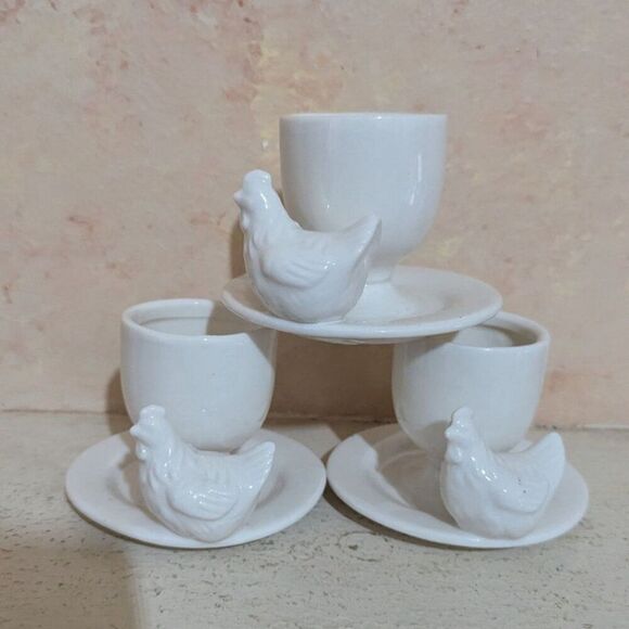 vintage Ceramic Egg Cups Chicken Design    Breakfast Decor Set Of 3 Farmhouse - Picture 5 of 8